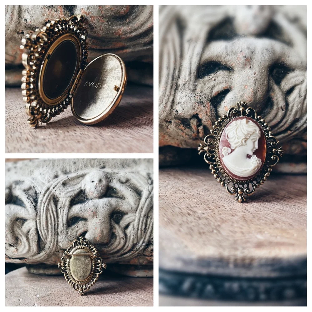 Vintage 1960s Avon Cameo Brooch Locket Gold Tone & Resin
